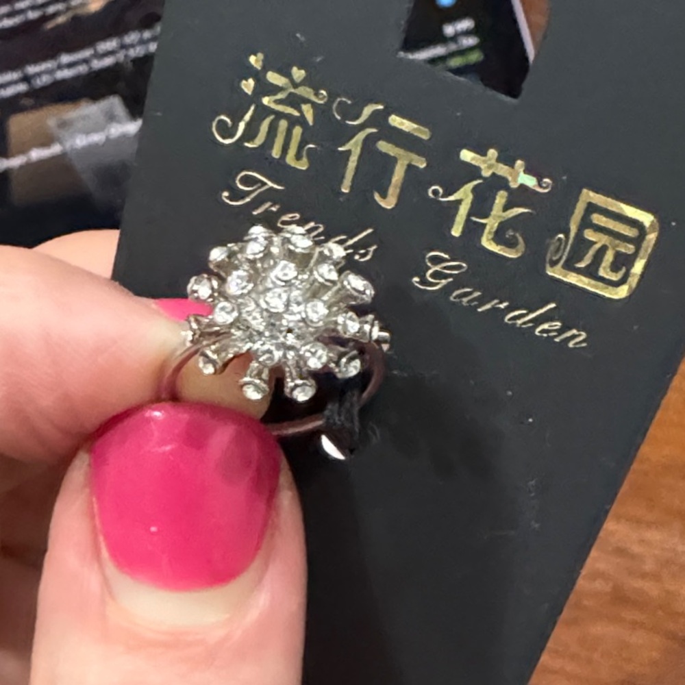Silver Tone Floral Cluster Ring with Clear Crystas SZ 5